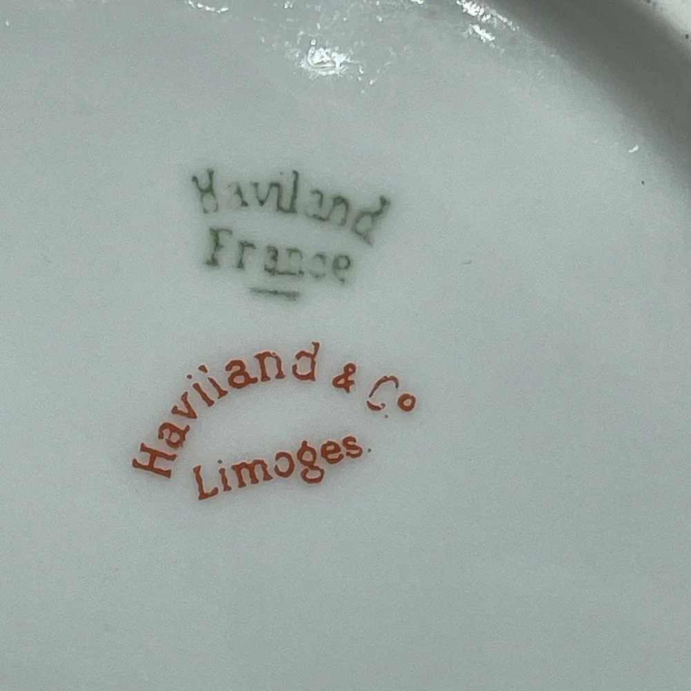 Antique Haviland & Co Limoges France Handled Nappy Bowl Dish Gold Red Green Band